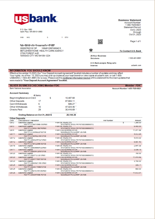 Modèle Word et PDF de relevé de compte d'une organisation bancaire américaine